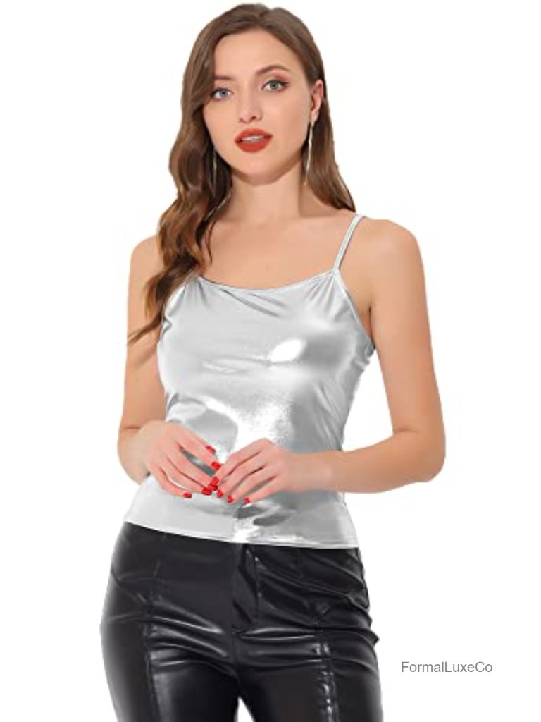 Metallic Shiny Disco Party Sleeveless Slim Fit Holographic Cami Top